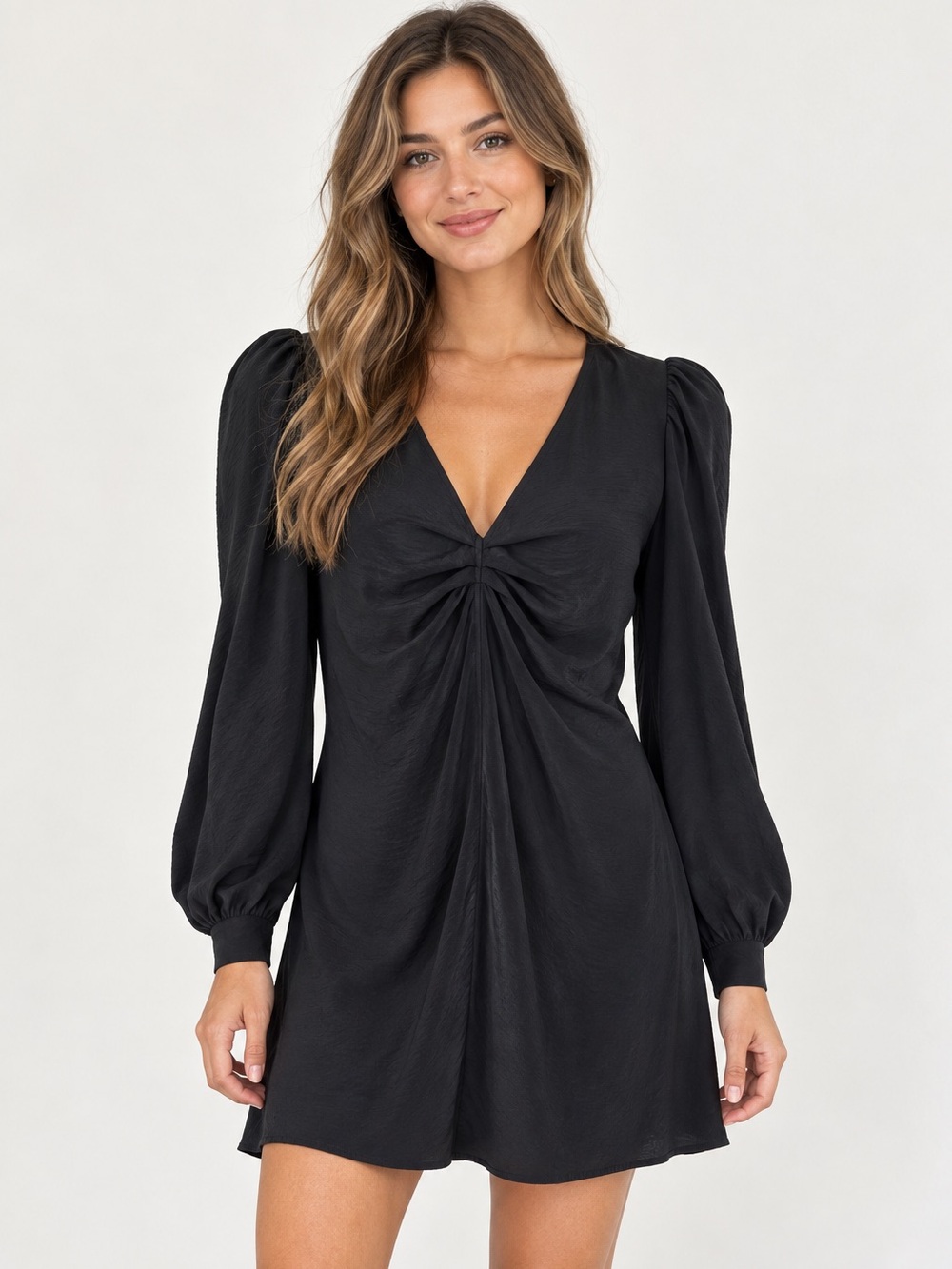 Aritzia Wilfred Novella Satin Puff Sleeve Mini Dress in Black - Size 8